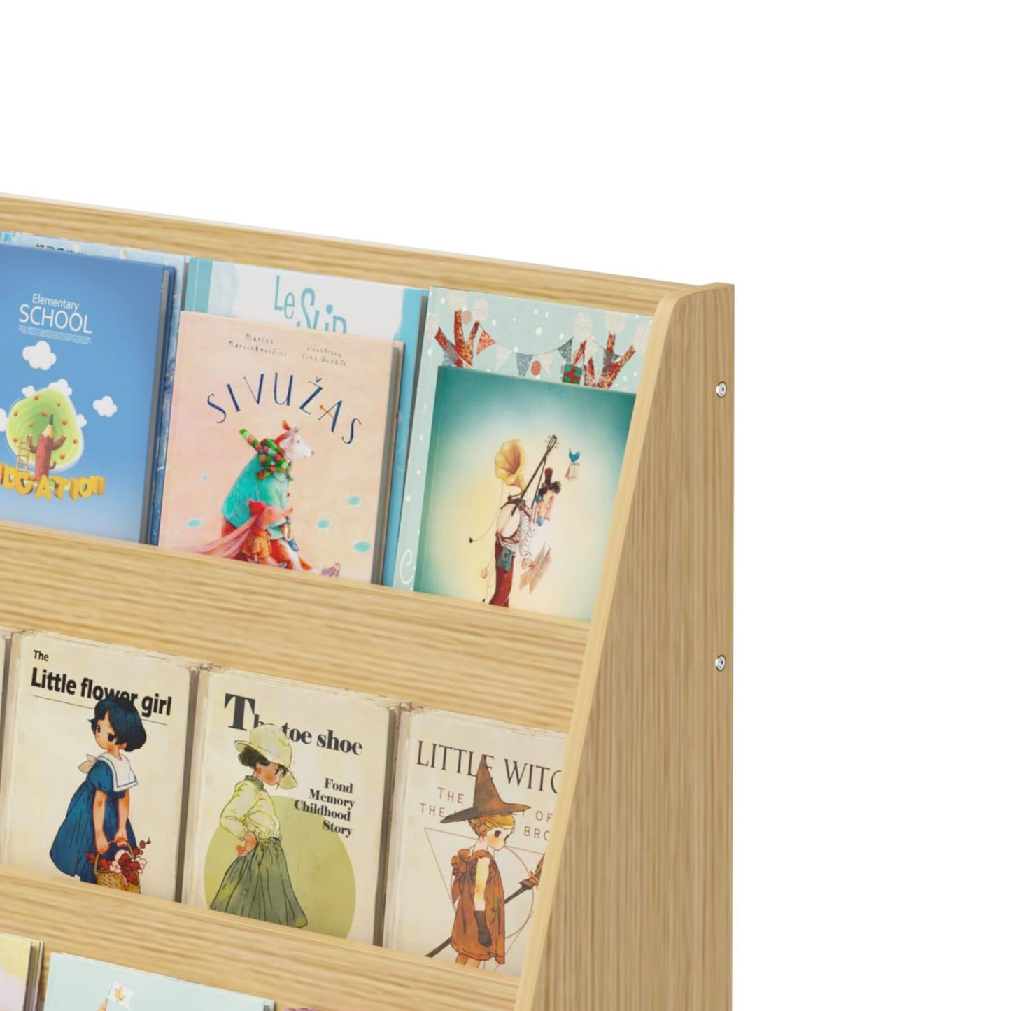 MOONRIVER Toddler Book Display Shelves - Natural with children's books on a white background