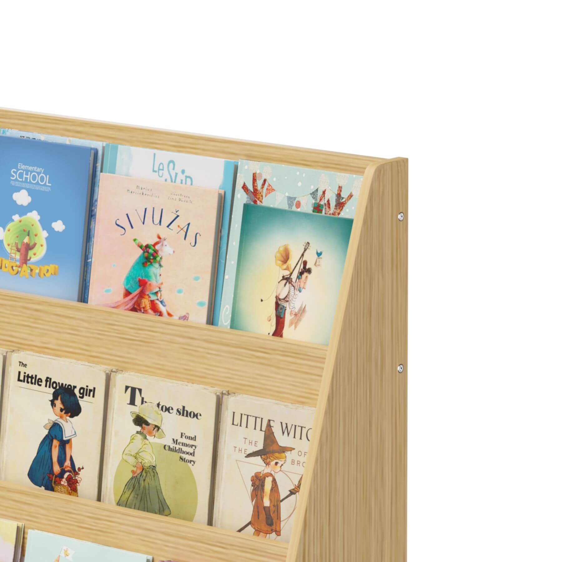MOONRIVER Toddler Book Display Shelves - Natural with children's books on a white background