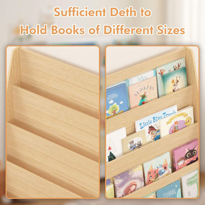 Wooden bookshelf with multiple compartments holding children's books.