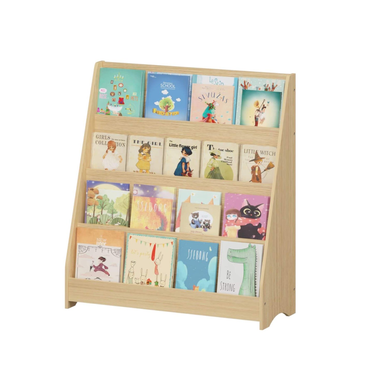 MOONRIVER Toddler Book Display Shelves - Natural with children's books on a white background