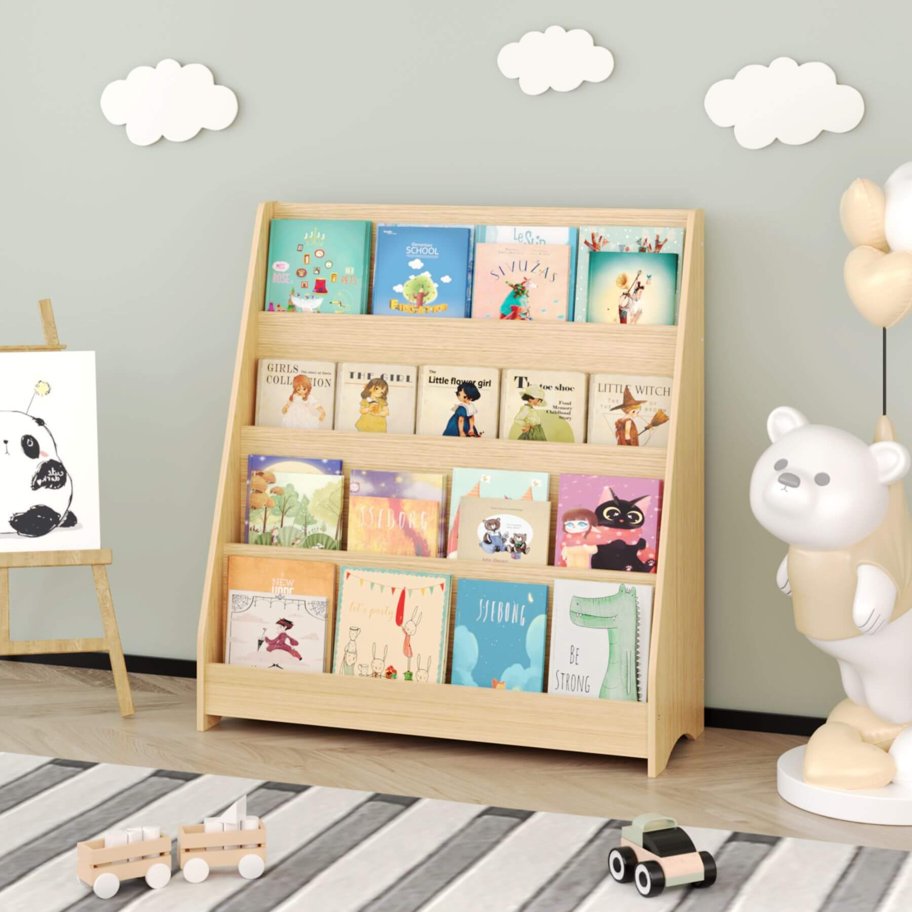 MOONRIVER Toddler Book Display Shelves - Natural with children's books in a room with toys and decor