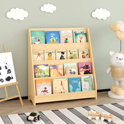MOONRIVER Toddler Book Display Shelves - Natural with children's books against a light green wall with cloud decorations.