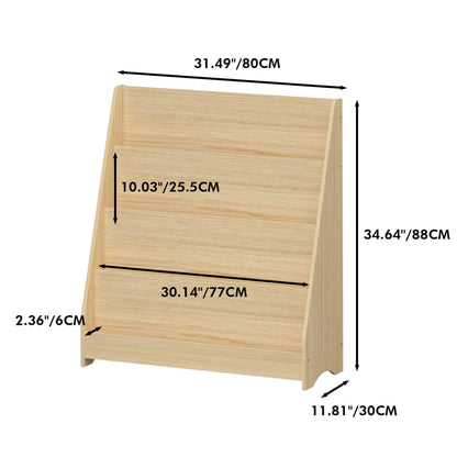 MOONRIVER Toddler Book Display Shelves - Natural with dimensions labeled on a white background