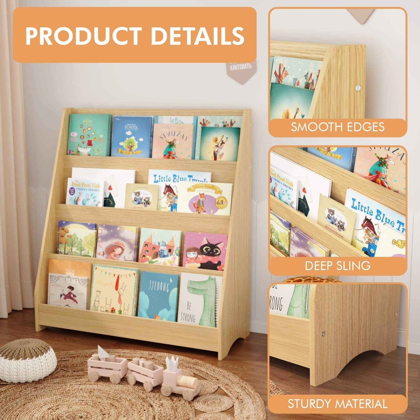 MOONRIVER Toddler Book Display Shelves - Natural with books and toys, featuring text on smooth edges, deep slings, and sturdy material.