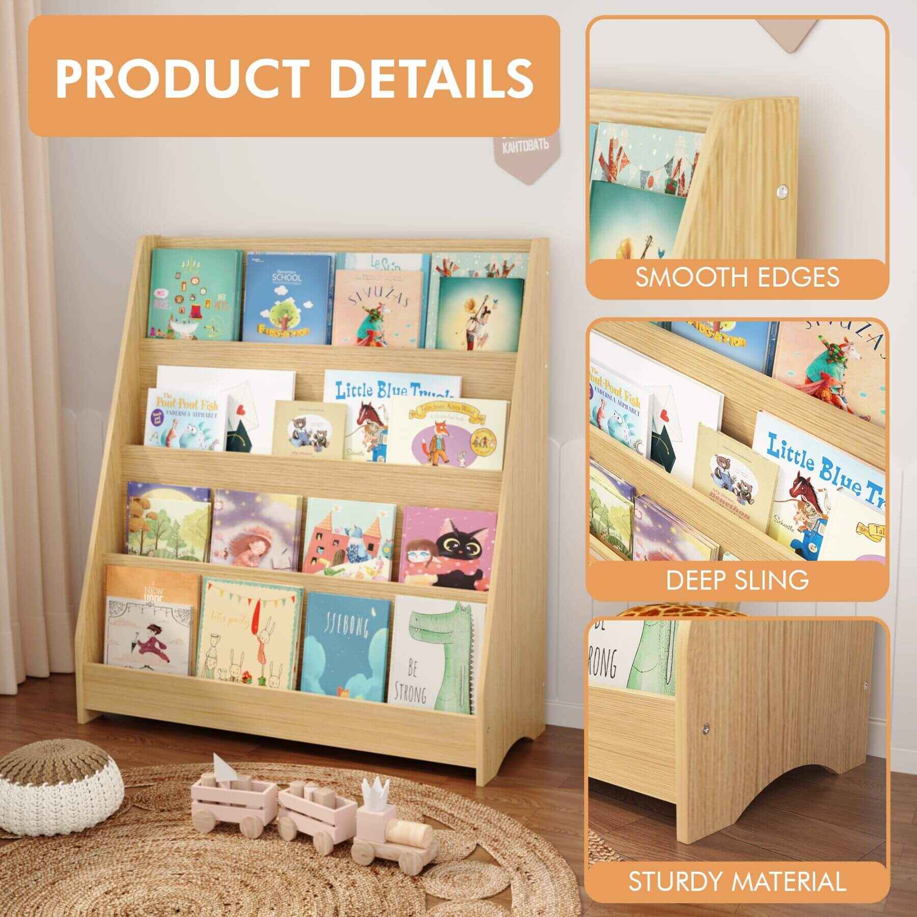 MOONRIVER Toddler Book Display Shelves - Natural with books and toys, featuring text on smooth edges, deep slings, and sturdy material.