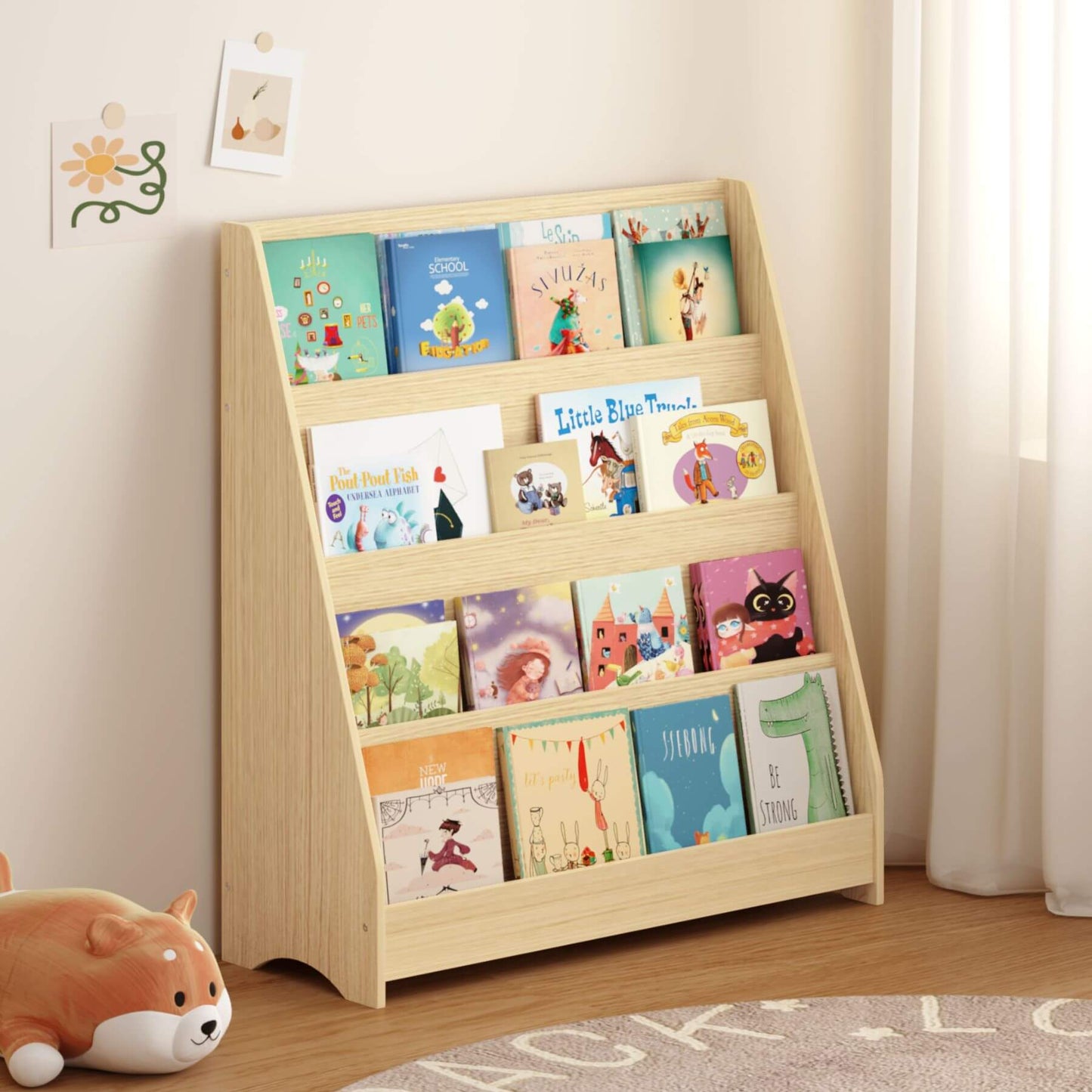 MOONRIVER Toddler Book Display Shelves - Natural with children's books against a light wall.