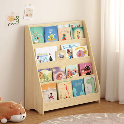 MOONRIVER Toddler Book Display Shelves - Natural with children's books against a light wall.