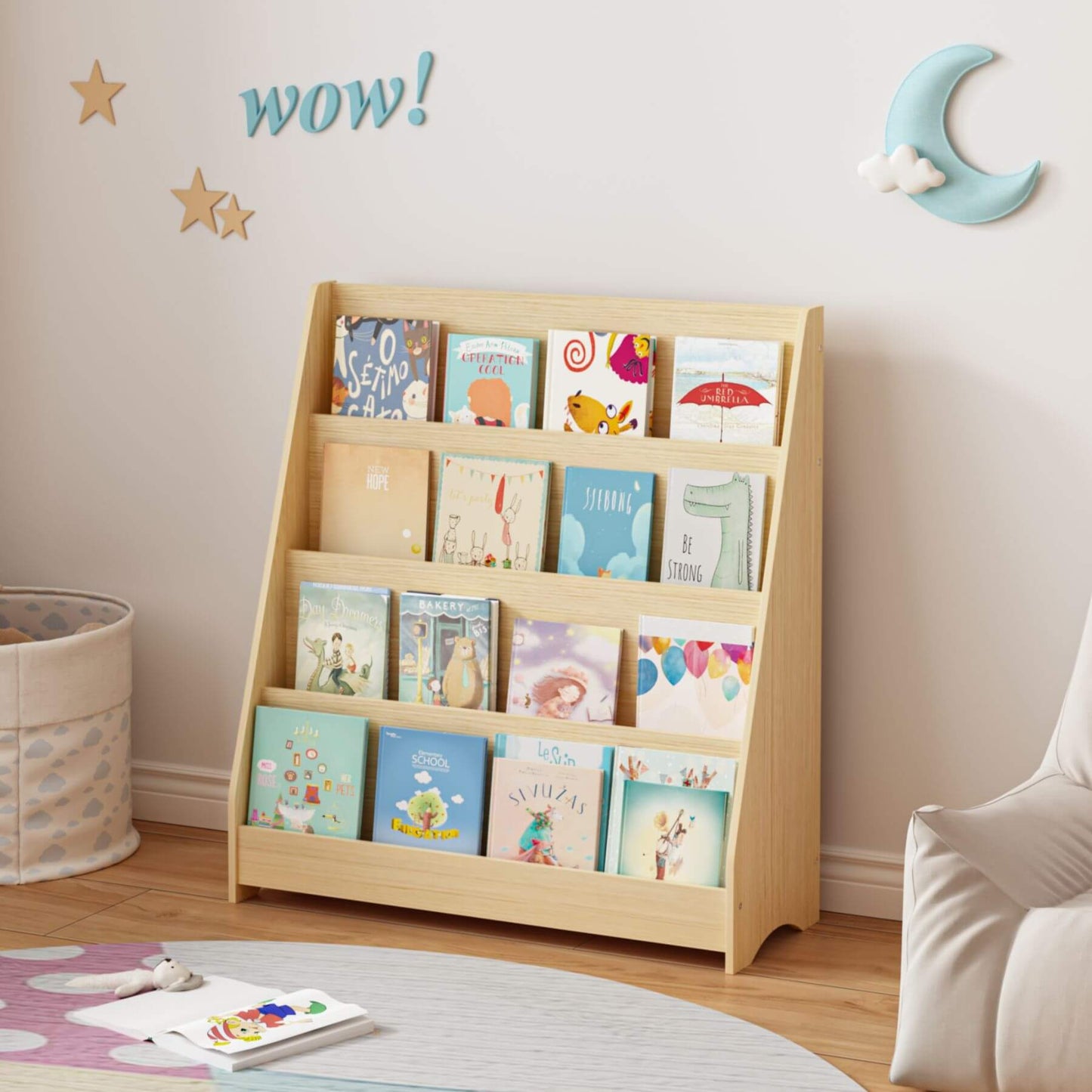 MOONRIVER Toddler Book Display Shelves - Natural with children's books in a room with decorative elements.