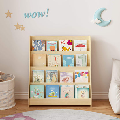 MOONRIVER Toddler Book Display Shelves - Natural with books in a room decorated with stars and a moon.
