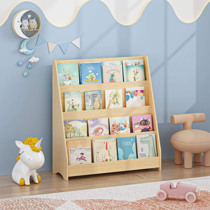 MOONRIVER Toddler Book Display Shelves - Natural with children's books in a room with toys and decor.