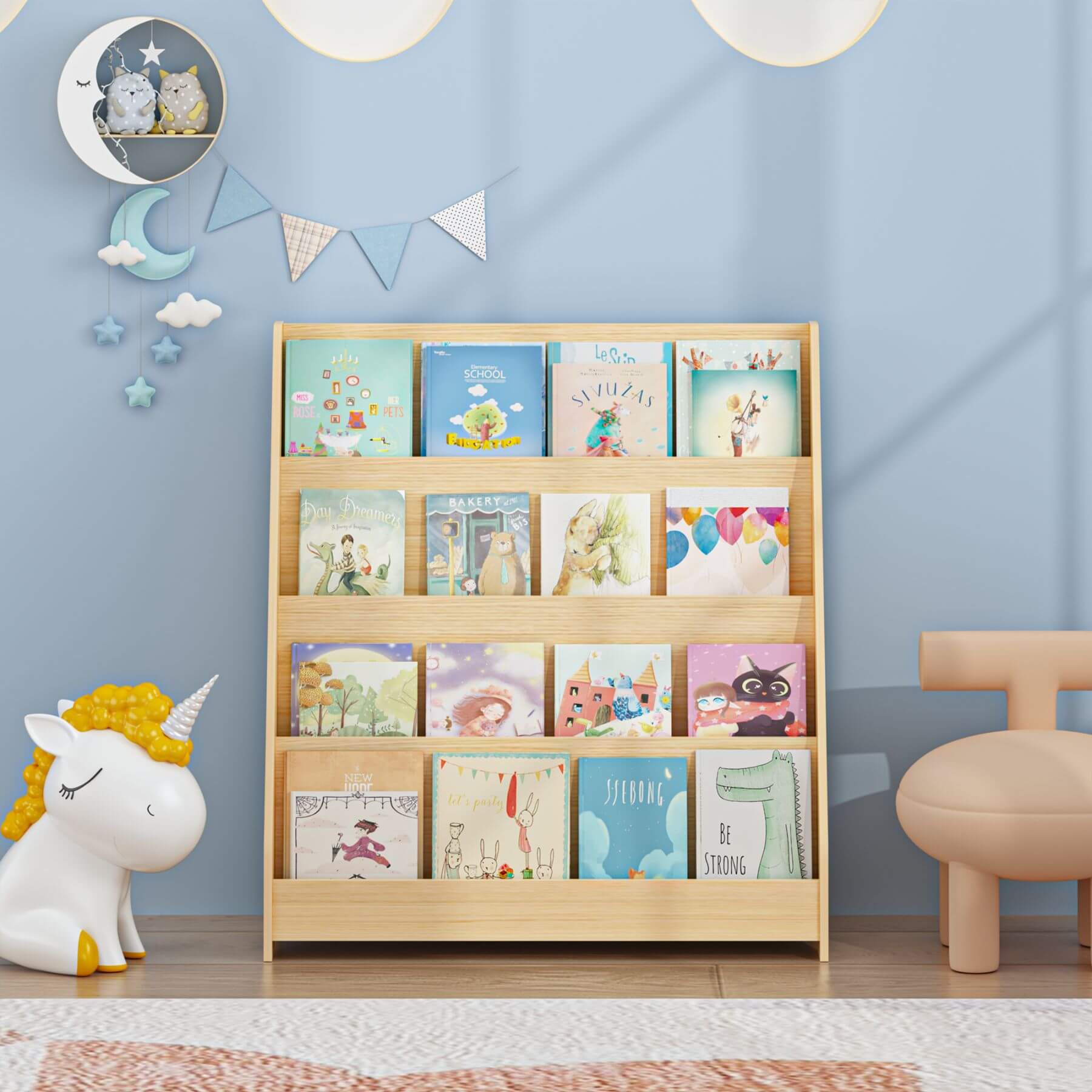 MOONRIVER Toddler Book Display Shelves - Natural with children's books against a blue wall with decorative elements.