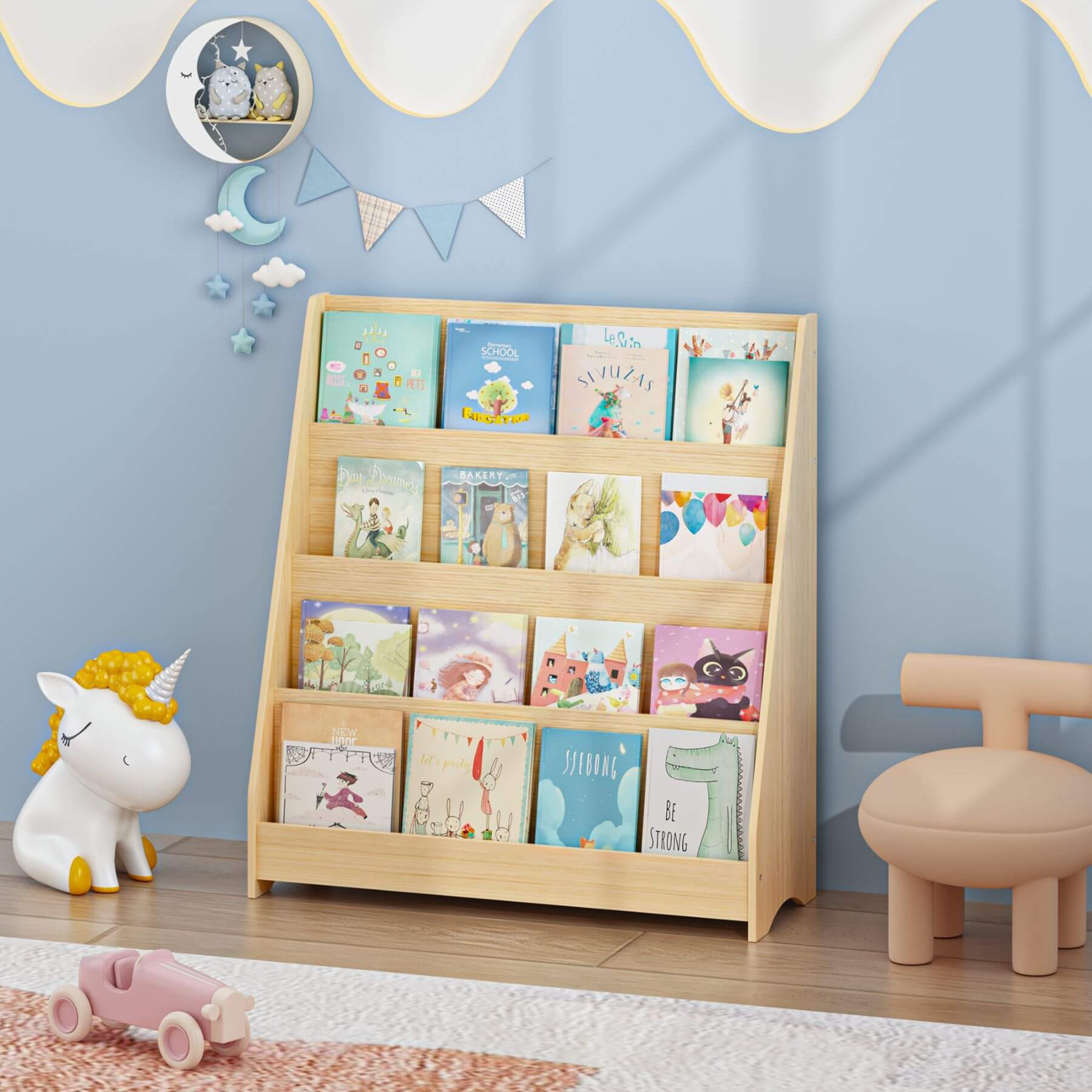 MOONRIVER Toddler Book Display Shelves - Natural with children's books against a blue wall with decorative elements.