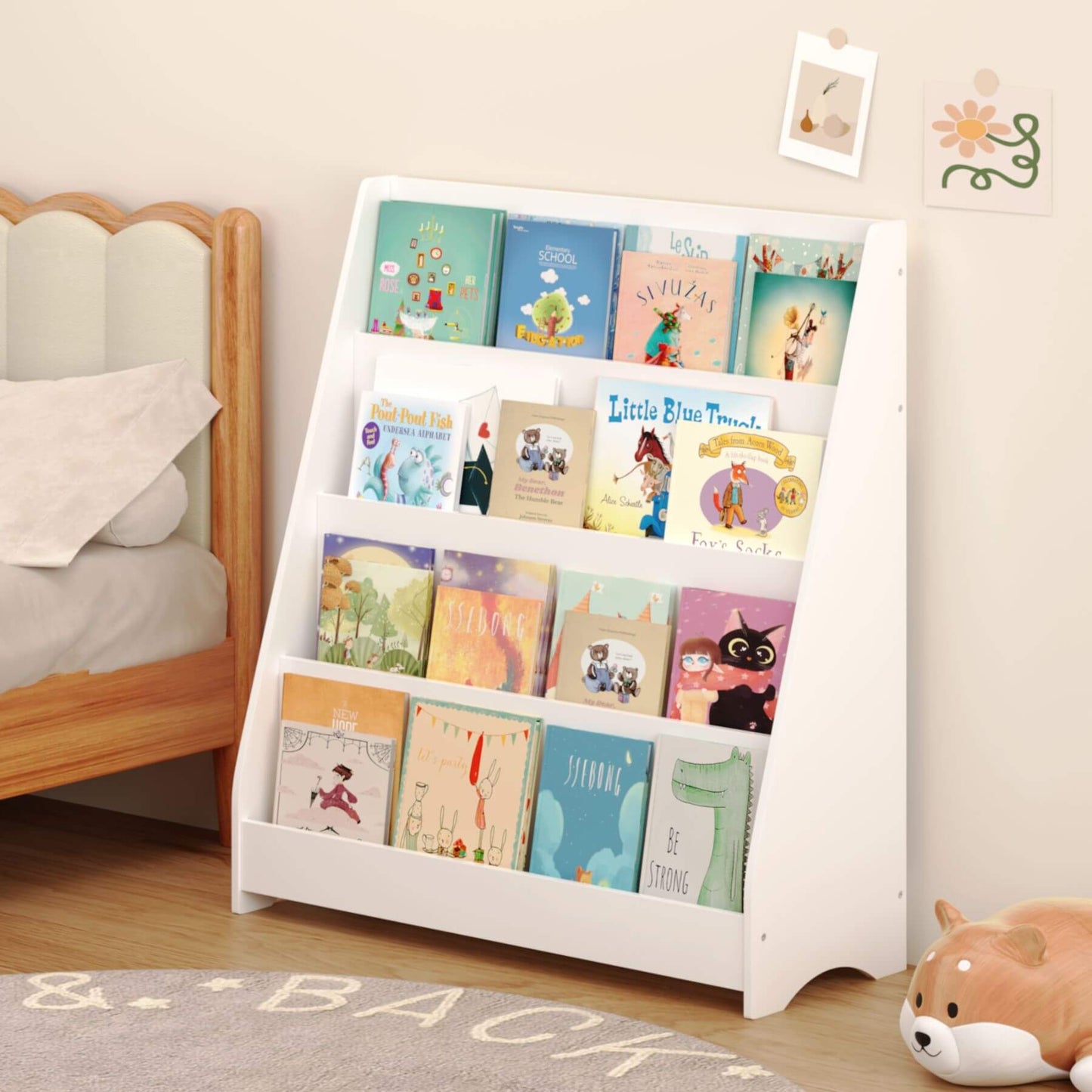 MOONRIVER Toddler Book Display Shelves - White with children's books in a room with a bed and rug.