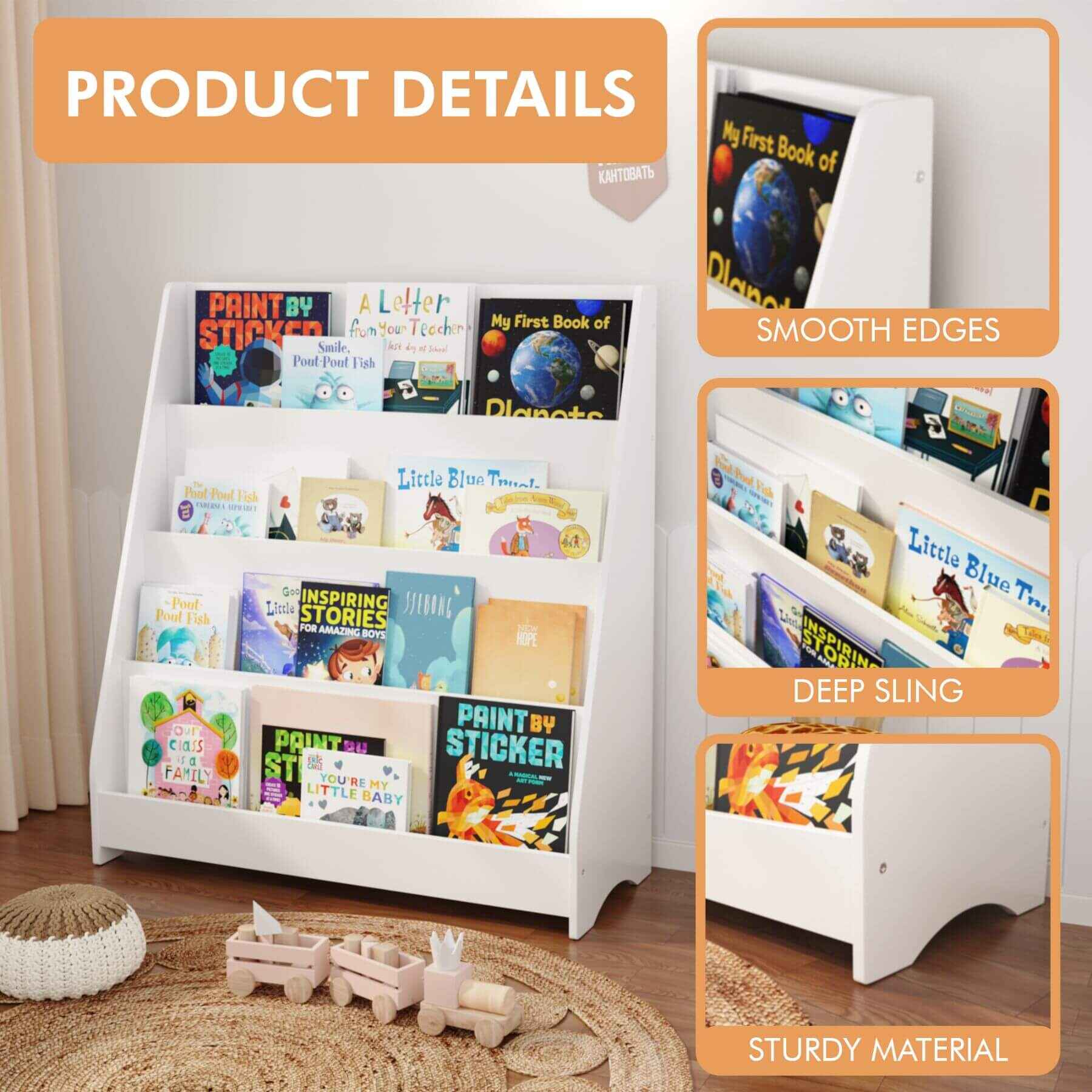 MOONRIVER Toddler Book Display Shelves - White with children's books on a wooden floor, featuring text on smooth edges, deep slings, and sturdy material.
