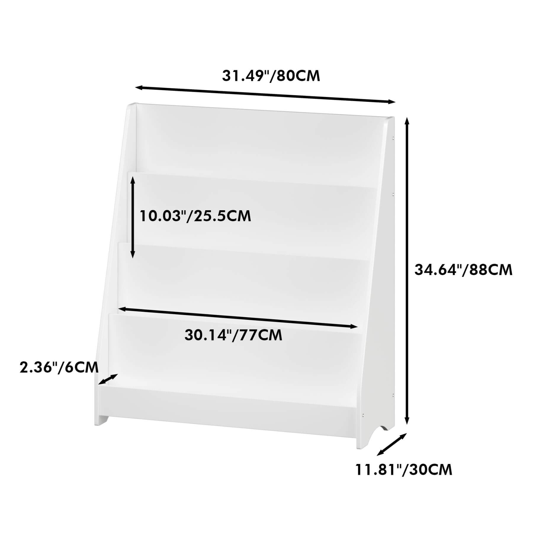 MOONRIVER Toddler Book Display Shelves - White with dimensions labeled on a white background