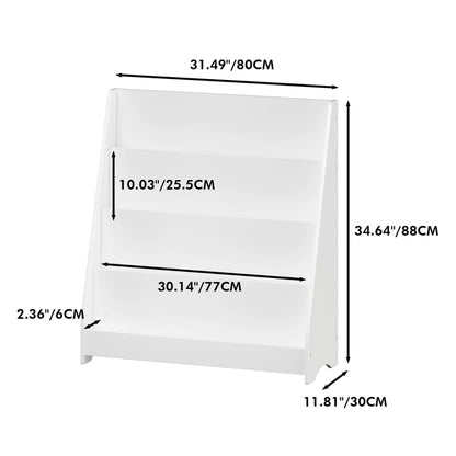MOONRIVER Toddler Book Display Shelves - White with dimensions labeled on a white background