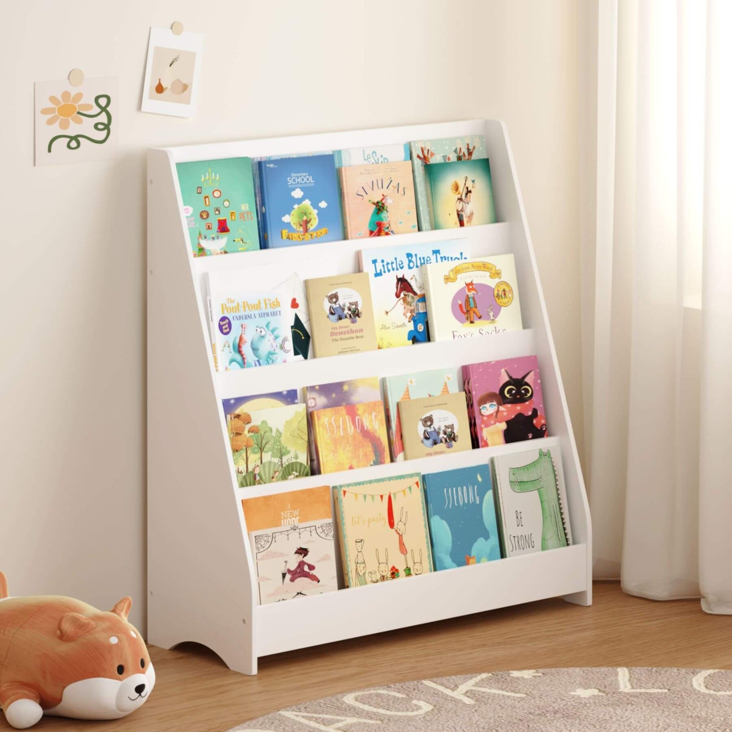 MOONRIVER Toddler Book Display Shelves - White with children's books against a light wall.