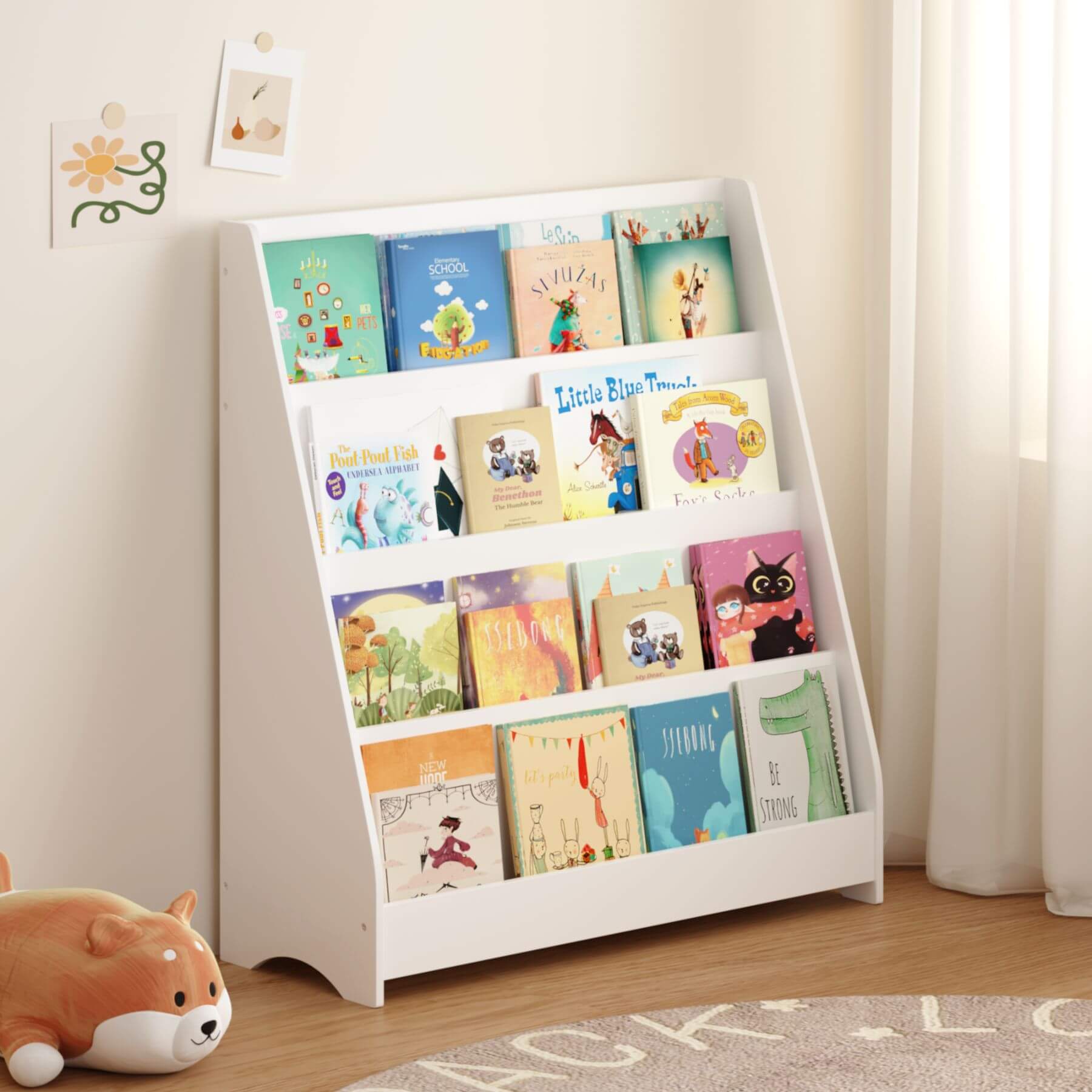 MOONRIVER Toddler Book Display Shelves - White with children's books against a light wall.