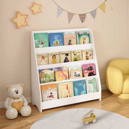 MOONRIVER Toddler Book Display Shelves - White with books in a room decorated with toys and wall decorations.