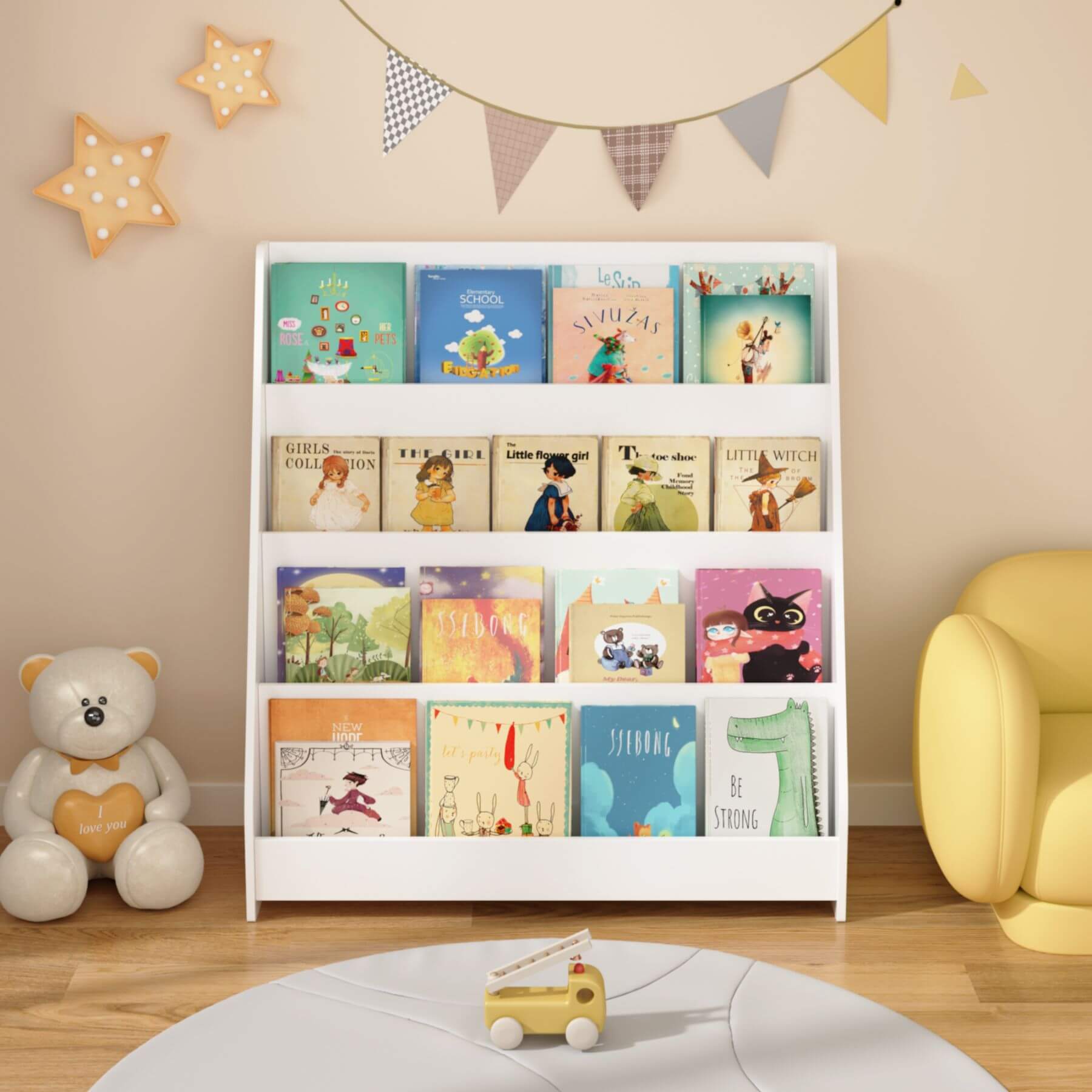 MOONRIVER Toddler Book Display Shelves - White with colorful books in a room with a teddy bear and yellow chair.