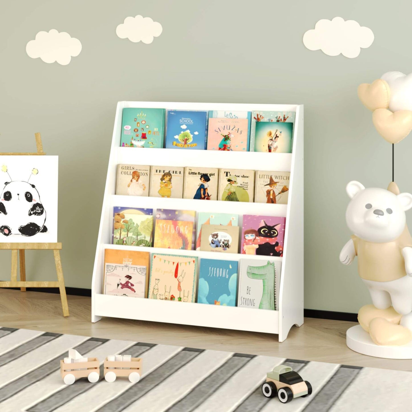 MOONRIVER Toddler Book Display Shelves - White with children's books in a room with toys and decor