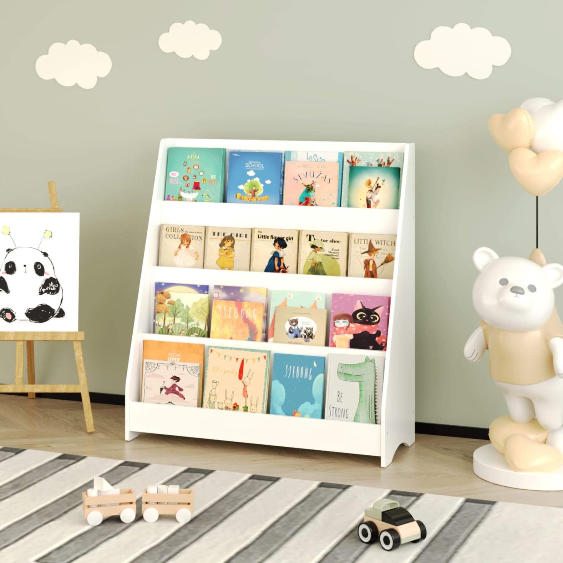 MOONRIVER Toddler Book Display Shelves - White with children's books in a room with toys and decor