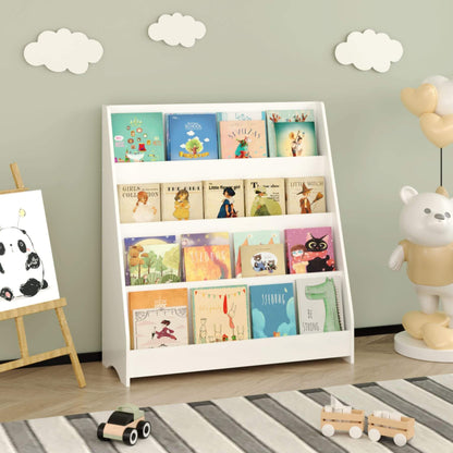 MOONRIVER Toddler Book Display Shelves - White with children's books in a room with toys and decor
