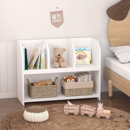 White bookshelf with toys and books in a child's room