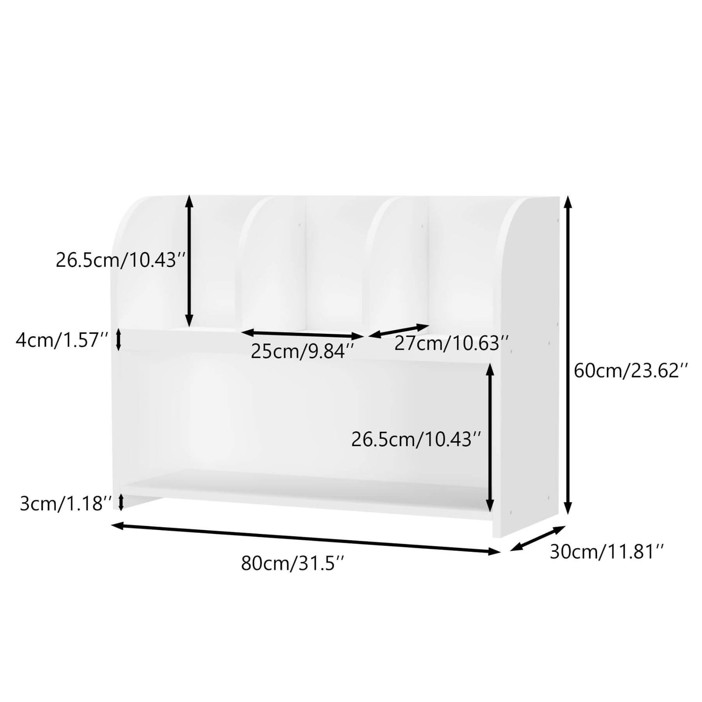 MOONRIVER Kids Bookcase with 4 Compartments - White with dimensions labeled in centimeters and inches.