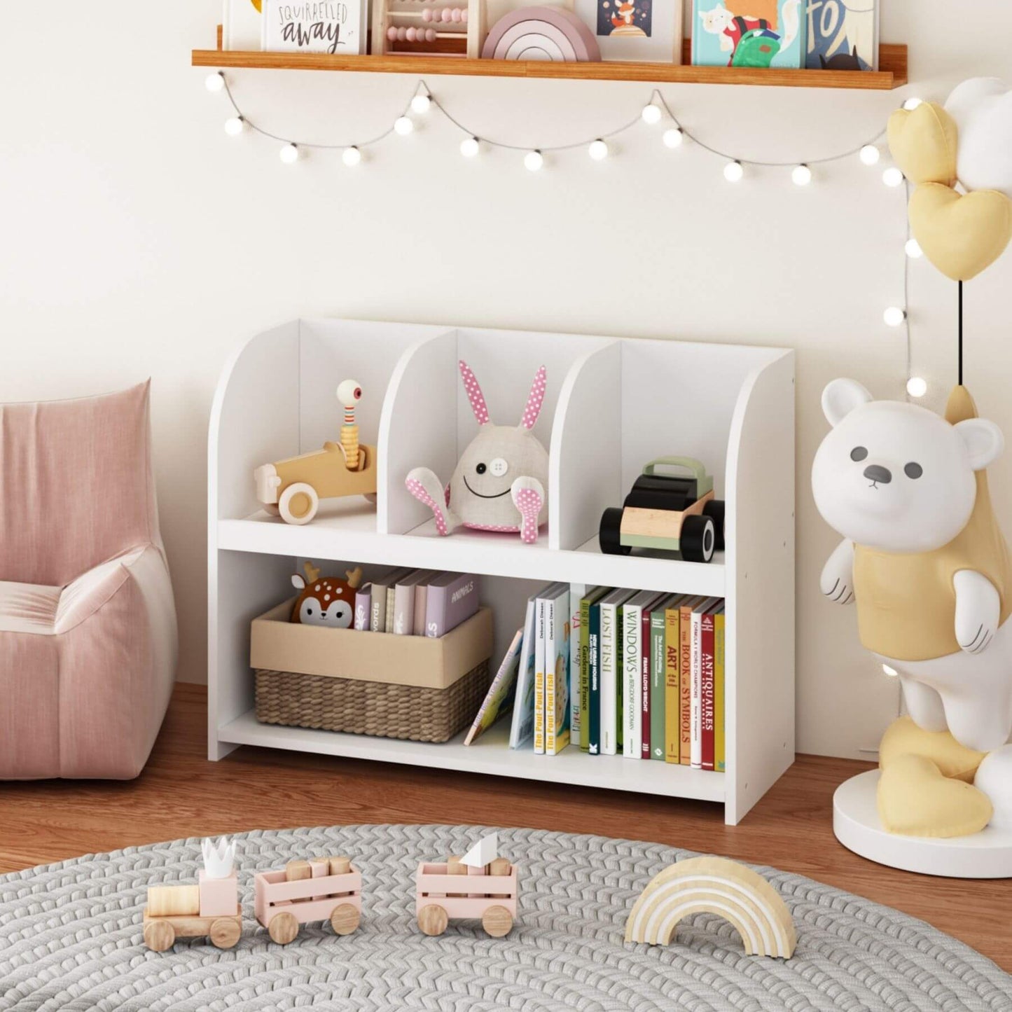 Children's room with MOONRIVER Kids Bookcase with 4 Compartments - White, toys, and decorative items.