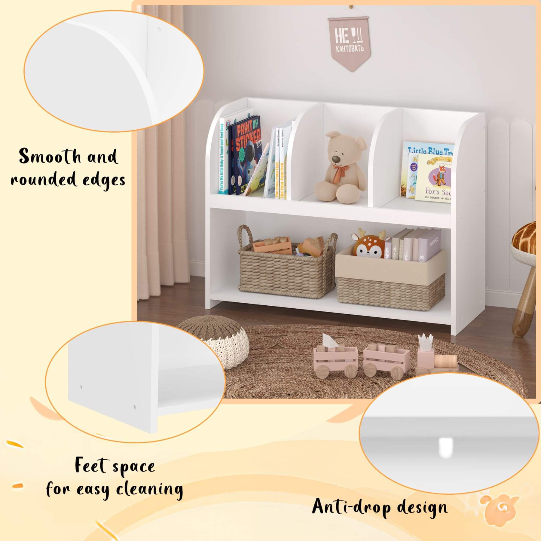 White children's bookshelf with books and toys, featuring smooth edges, feet space, and anti-drop design.