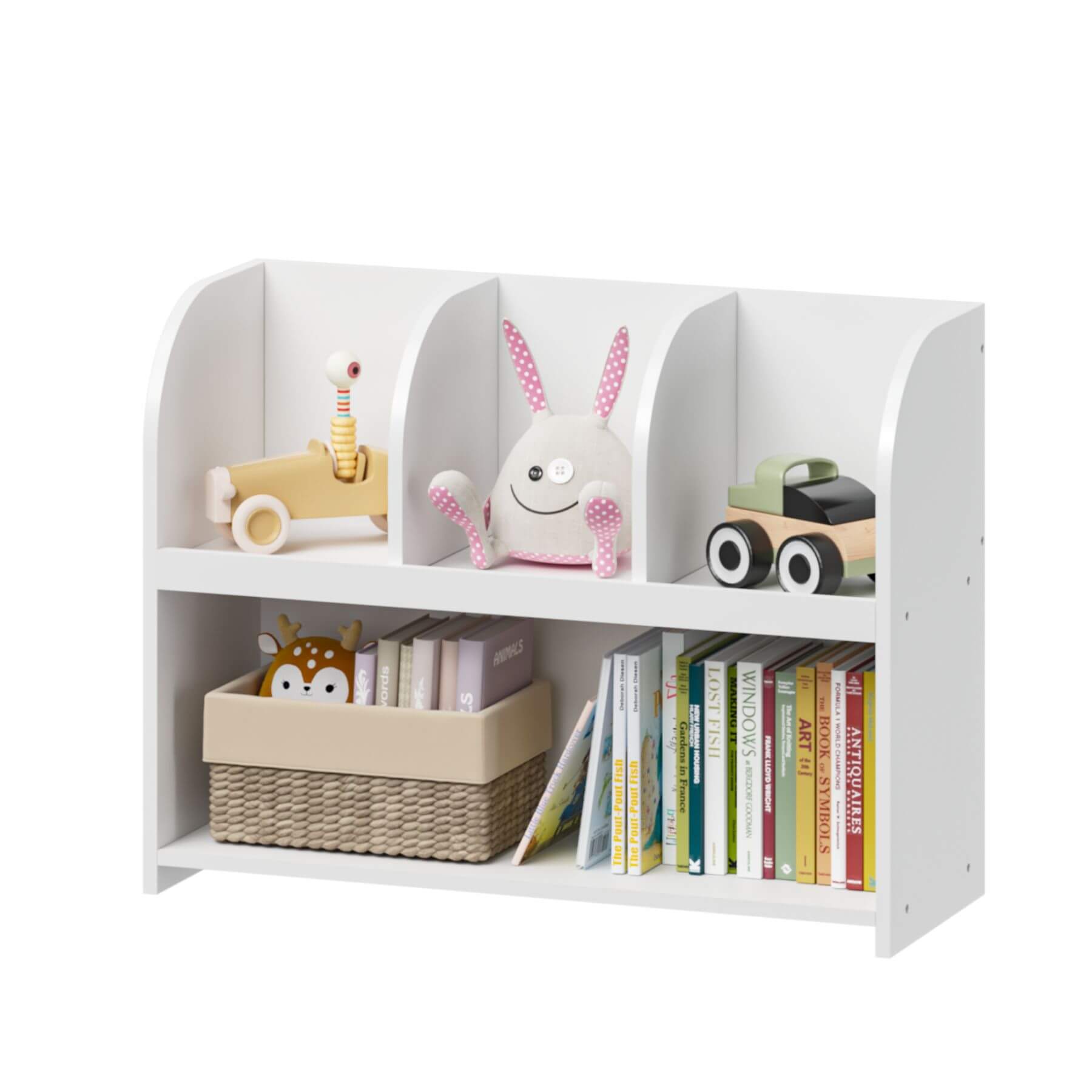 MOONRIVER Kids Bookcase with 4 Compartments - White with toys and books on a white background