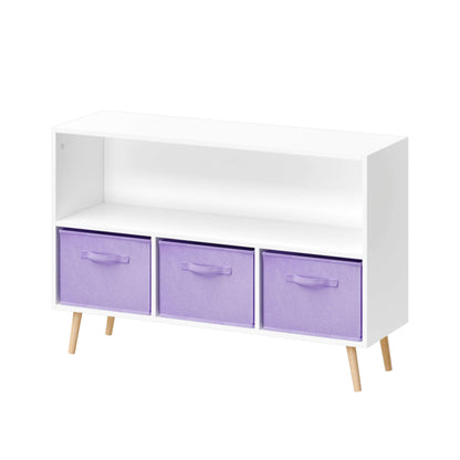 MOONRIVER Kids Bookcase with Collapsible Fabric Drawers - White and Purple