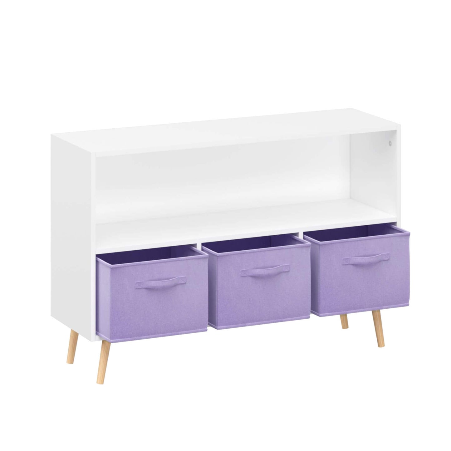 White storage unit with three purple bins on a white background