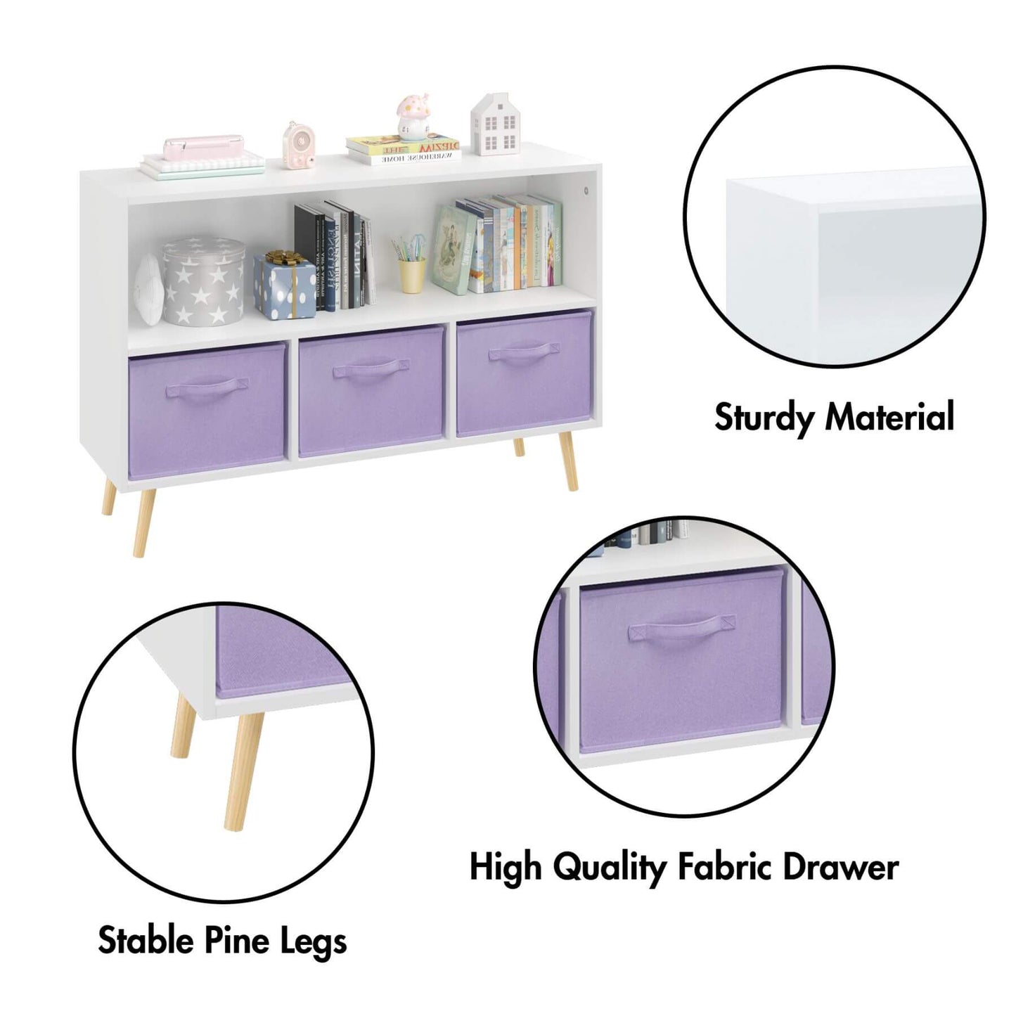 White storage console with purple drawers, showing sturdiness, quality of drawers, and stable legs.