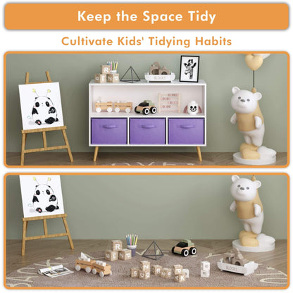 Children's room with a white dresser, toys, and a panda painting, emphasizing tidying habits.