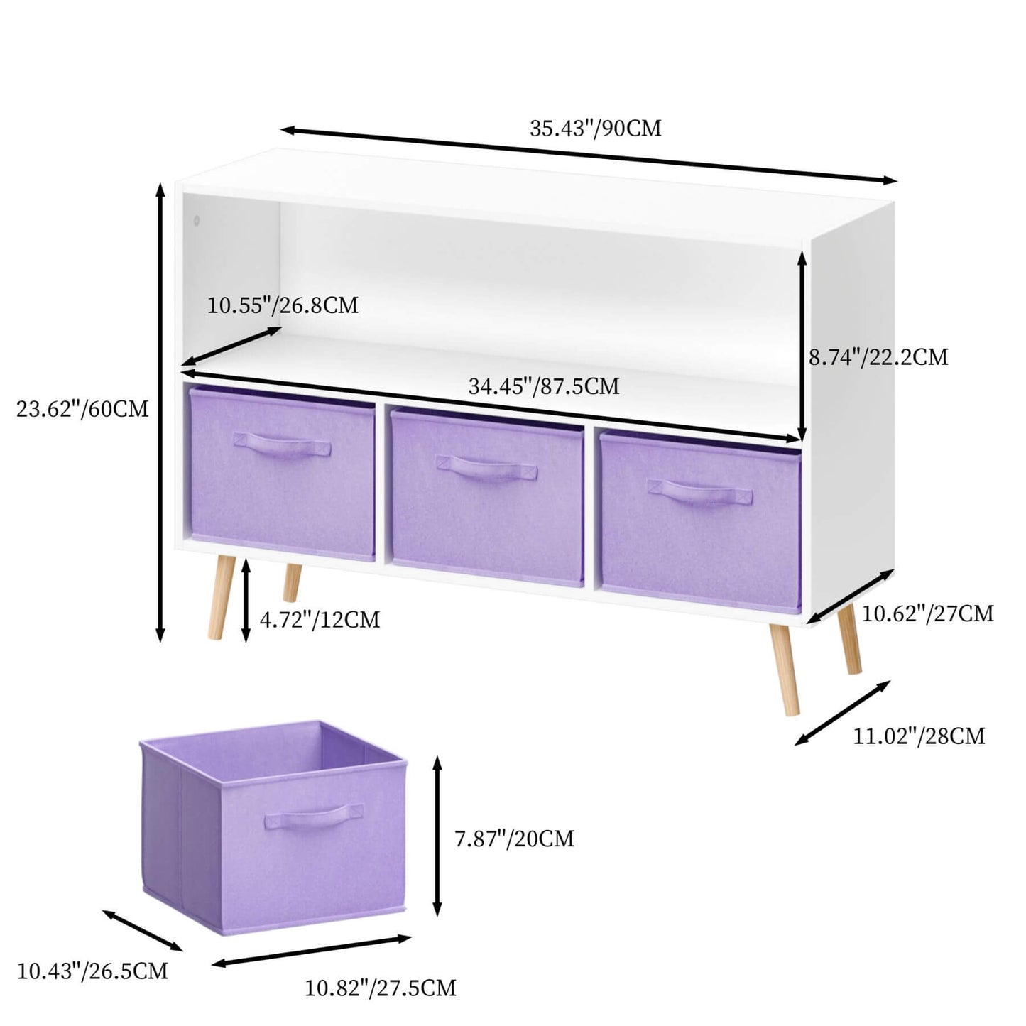 Dimensions of a white cabinet with purple drawers and a small purple cube on a white background