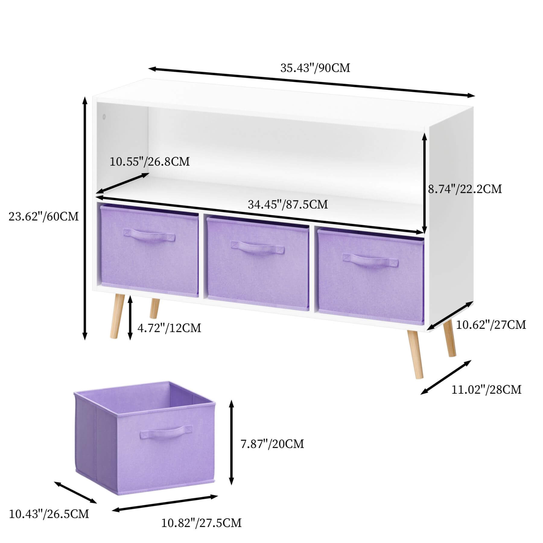 Dimensions of a white cabinet with purple drawers and a small purple cube on a white background