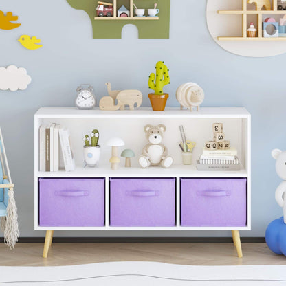 White storage cabinet with purple drawers in a child's room