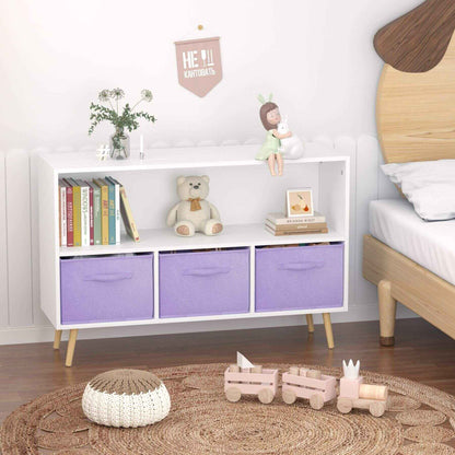 White shelf with purple drawers in a child's bedroom with books, toys, and decor.