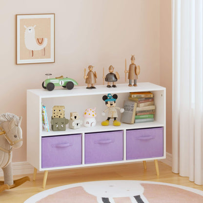 White shelf with purple storage bins in a child's room with toys and books.