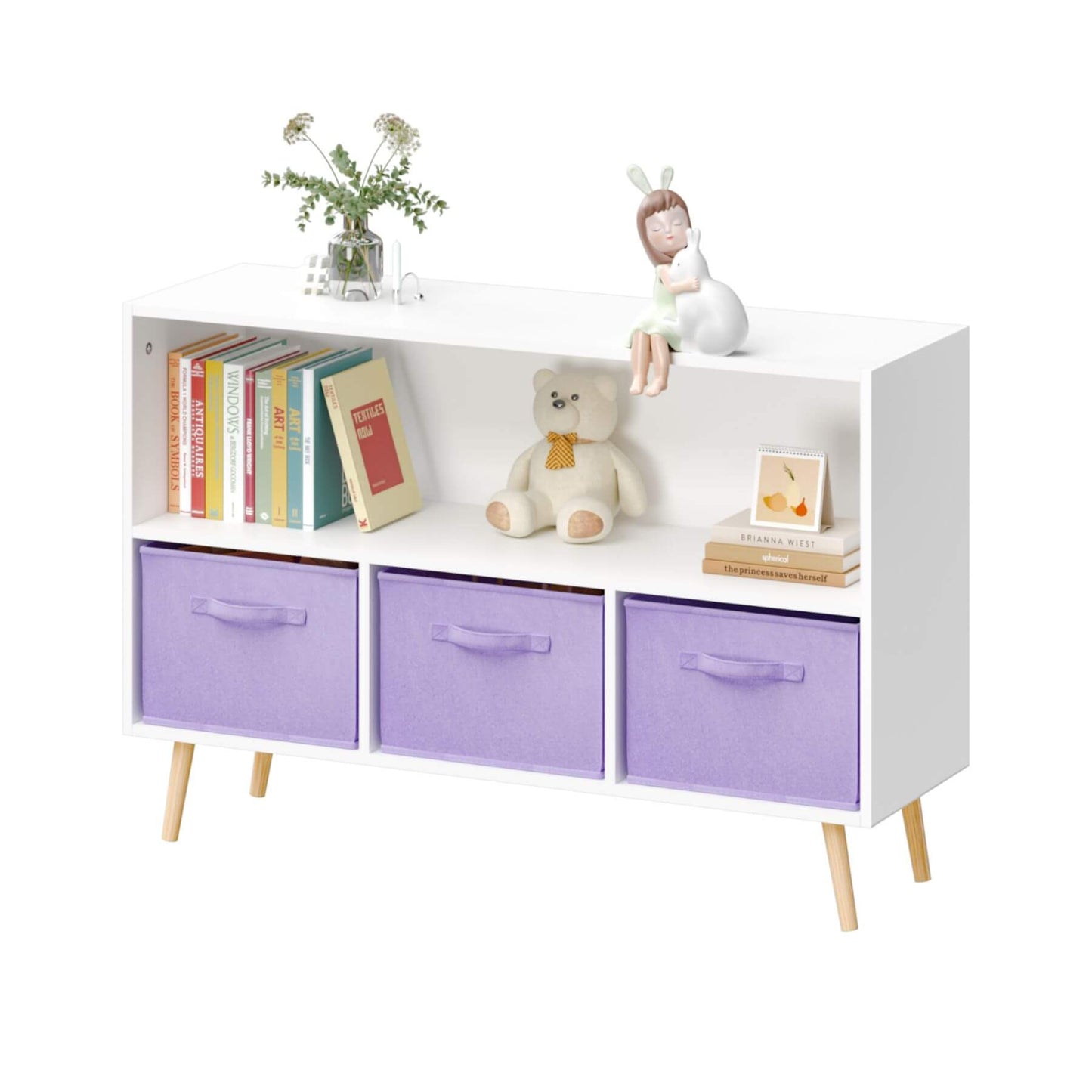 White storage unit with purple drawers, books, a teddy bear, and decorative items on a white background
