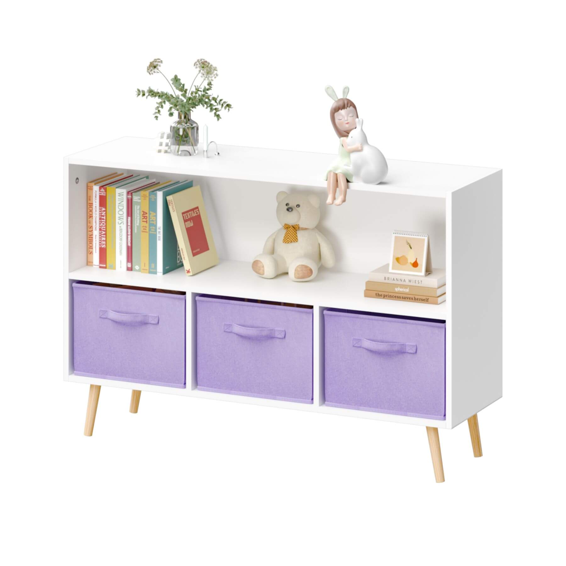 White storage unit with purple drawers, books, a teddy bear, and decorative items on a white background