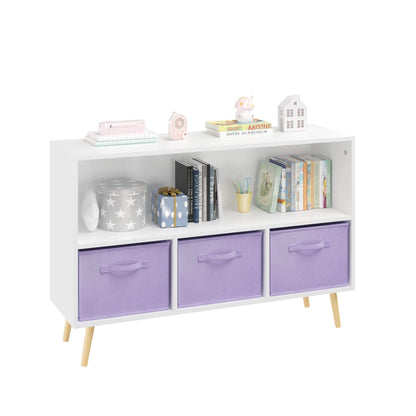 White storage unit with purple drawers and decorative items on a white background