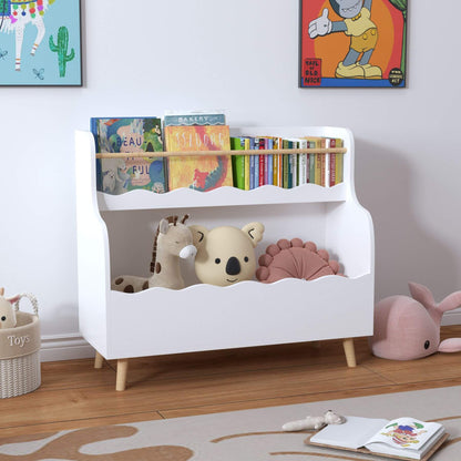 White children's bookshelf with books and toys in a room setting