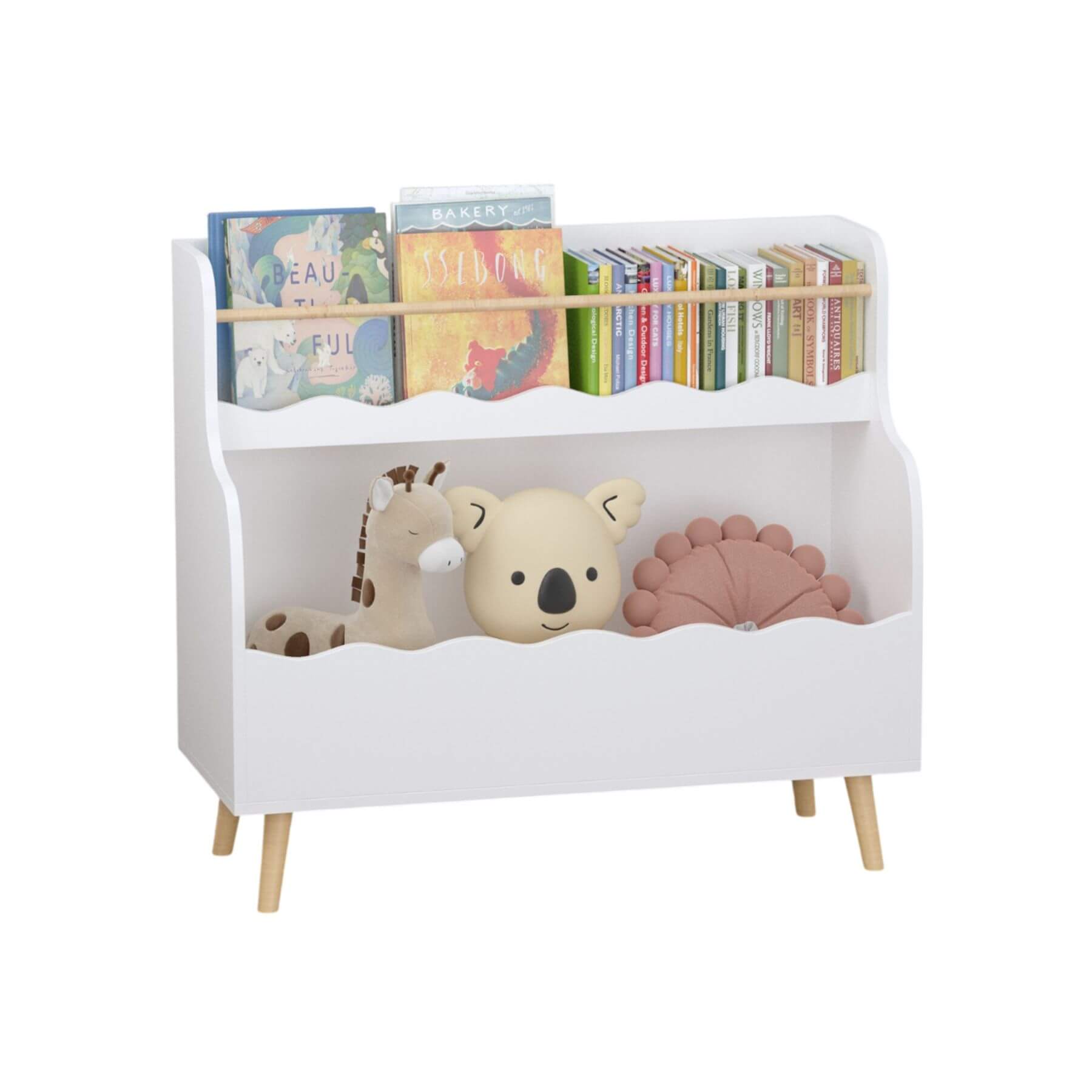 Children's bookshelf with books and toys on a white background