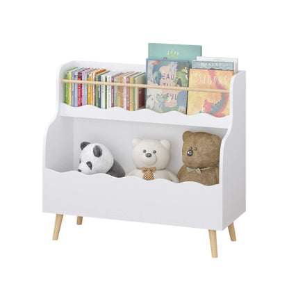White children's bookshelf with books and stuffed animals on a white background