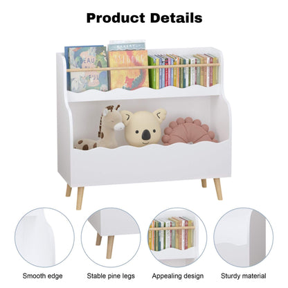 Children's bookshelf with books and toys, featuring smooth edges, stable pine legs, appealing design, and sturdy material.
