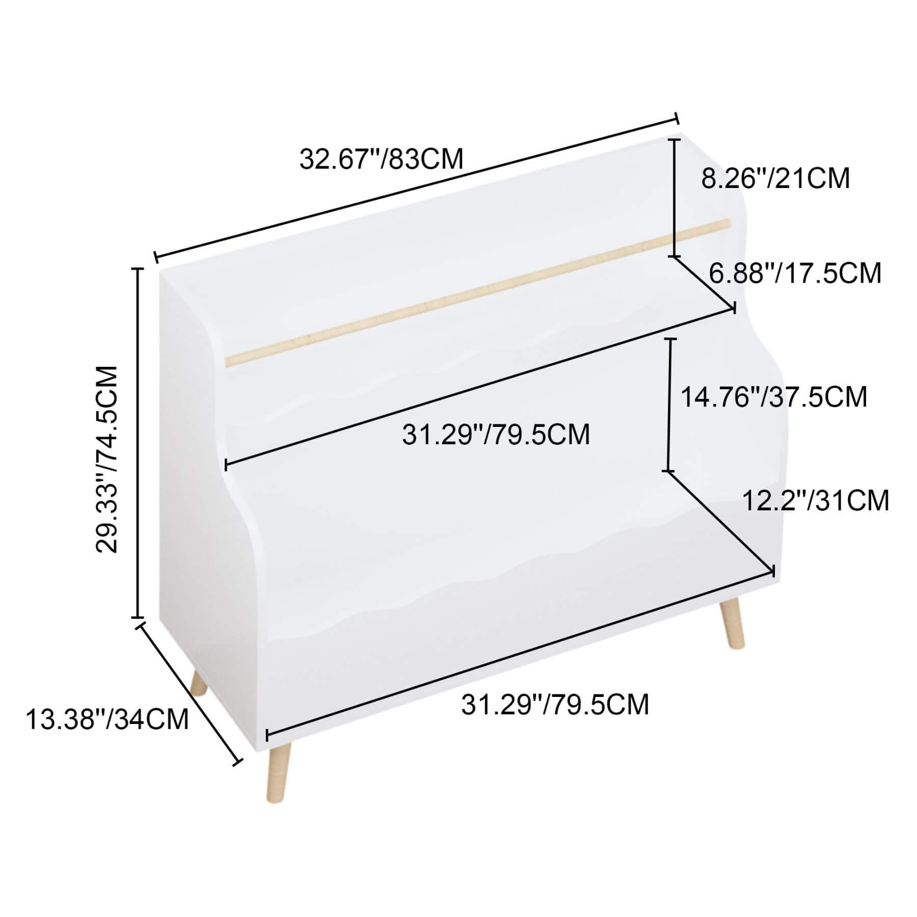 MOONRIVER Children Book Organizer Toy Storage Cabinet White and dimensions labeled on a white background