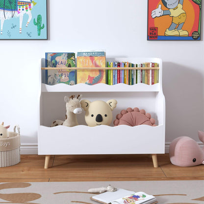 White children's bookshelf with books, toys, and decorative items in a room.
